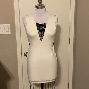 Mason White Sleeveless Bodycon Dress with Sheer Black Lace Peek a boo Panels L